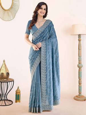 Blue embroidered festive wear saree with matching blouse 1