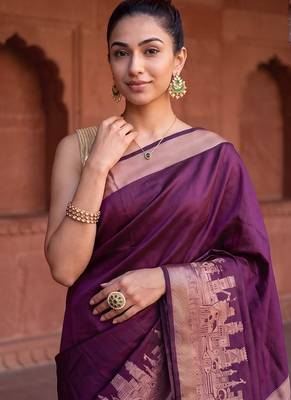 Brown katan silk woven saree with blouse 4