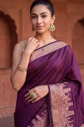 Brown katan silk woven saree with blouse