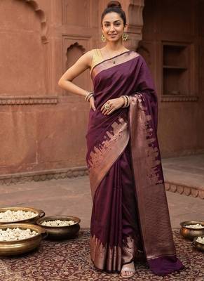 Brown katan silk woven saree with blouse 1