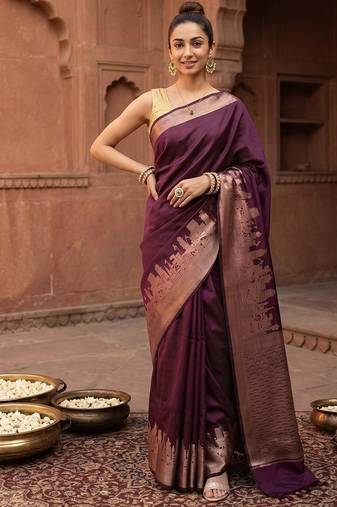 Brown katan silk woven saree with blouse