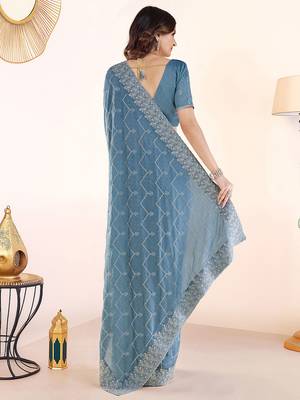 Blue embroidered festive wear saree with matching blouse 3