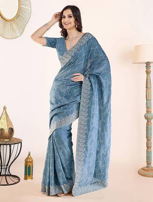 Blue embroidered festive wear saree with matching blouse 4