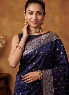 Navy blue katan silk woven saree with blouse 2