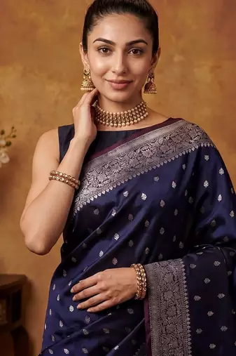 Navy blue katan silk woven saree with blouse