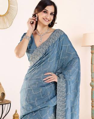 Blue embroidered festive wear saree with matching blouse 5