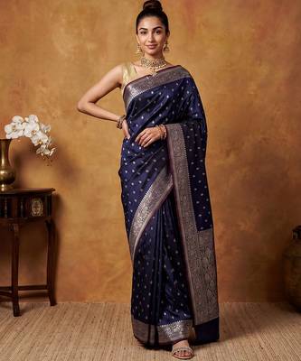 Navy blue katan silk woven saree with blouse 1
