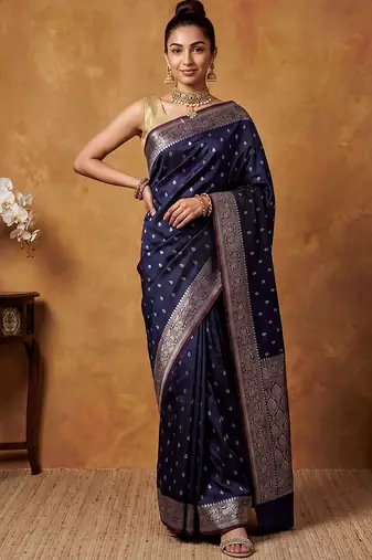 Navy blue katan silk woven saree with blouse