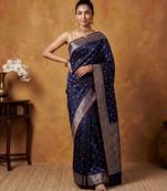 Navy blue katan silk woven saree with blouse