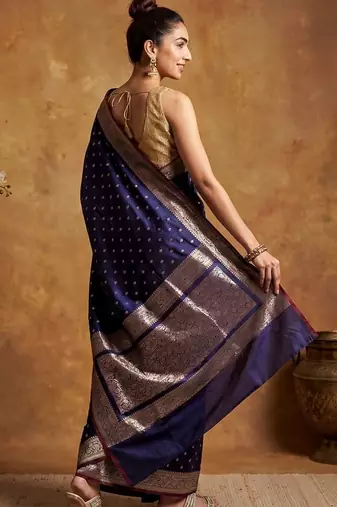 Navy blue katan silk woven saree with blouse