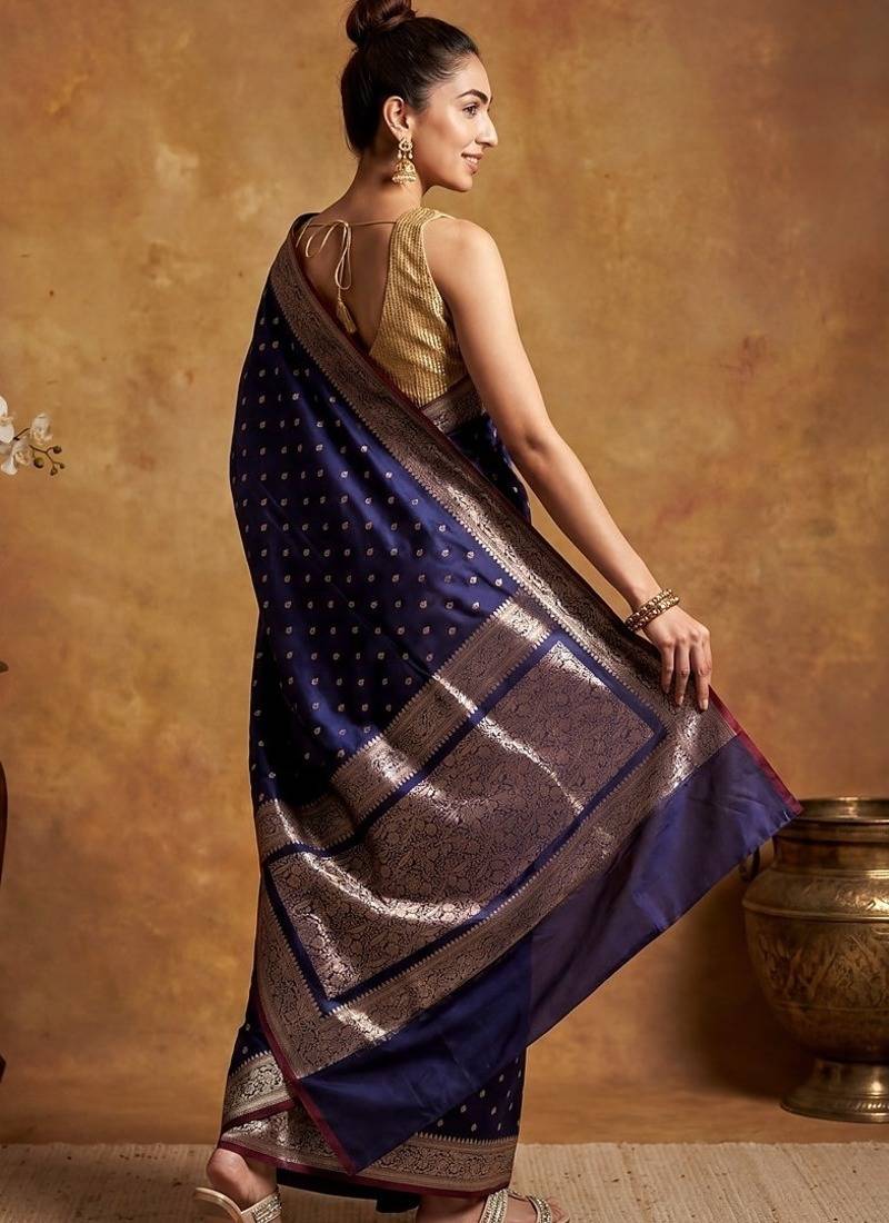 Navy blue katan silk woven saree with blouse
