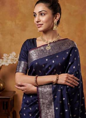 Navy blue katan silk woven saree with blouse 4