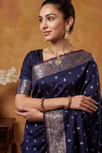 Navy blue katan silk woven saree with blouse