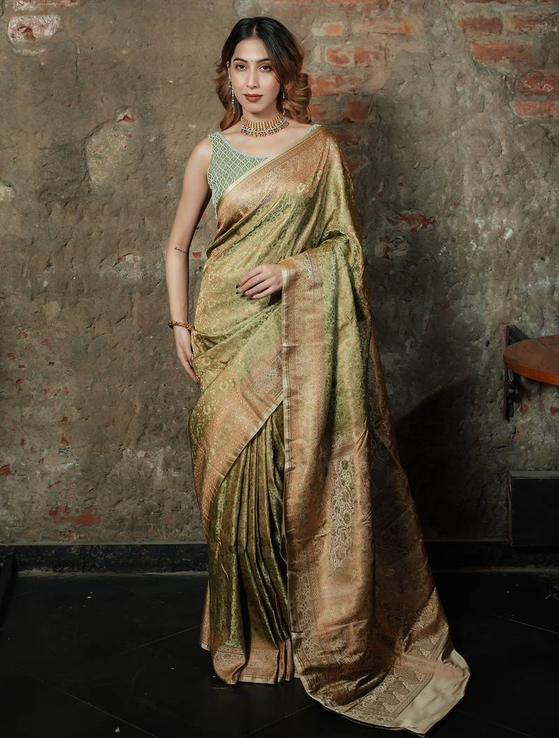 Pista-green satin woven saree with blouse