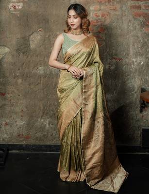 Pista-green satin woven saree with blouse 2
