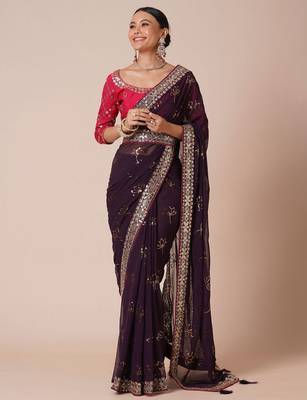 Burgundy sequinned embellished saree with blouse piece & designer belt 1