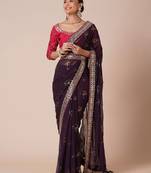 Burgundy sequinned embellished saree with blouse piece & designer belt