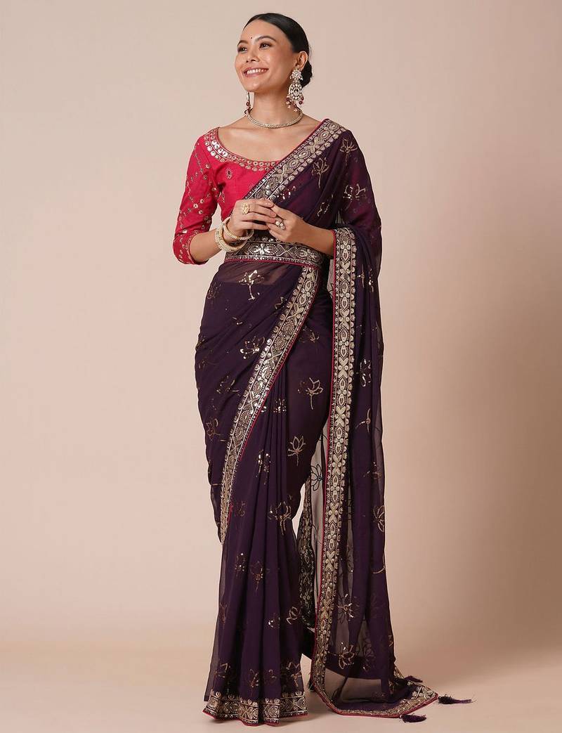 Burgundy sequinned embellished saree with blouse piece & designer belt