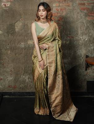 Pista-green satin woven saree with blouse 3