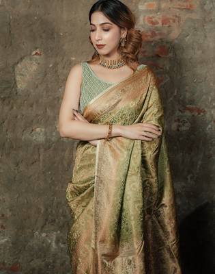 Pista-green satin woven saree with blouse 4