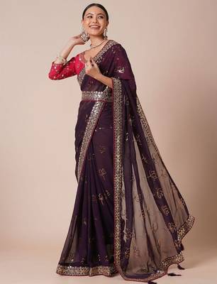 Burgundy sequinned embellished saree with blouse piece & designer belt 2