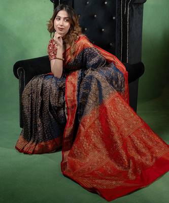 Navy-blue satin woven saree with blouse 1