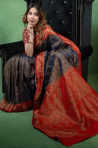 Navy-blue satin woven saree with blouse