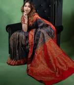Navy-blue satin woven saree with blouse