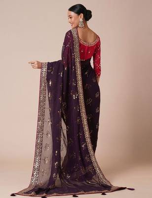 Burgundy sequinned embellished saree with blouse piece & designer belt 3