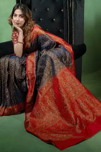 Navy-blue satin woven saree with blouse