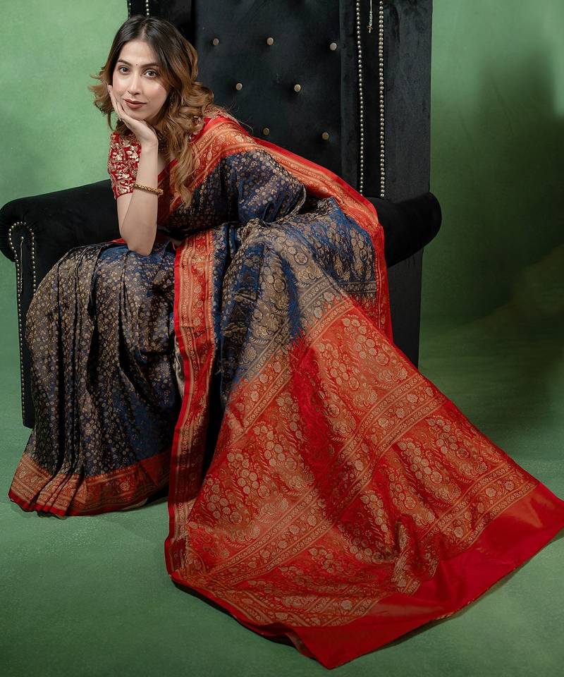 Navy-blue satin woven saree with blouse