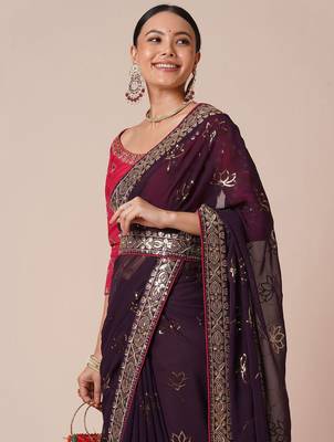 Burgundy sequinned embellished saree with blouse piece & designer belt 4