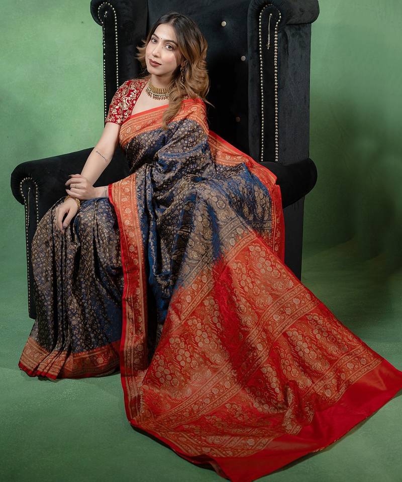 Navy-blue satin woven saree with blouse