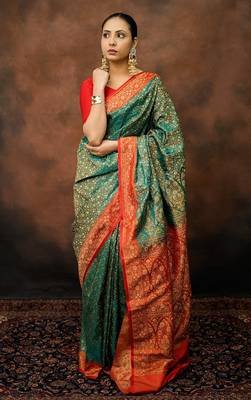 Rama green satin woven saree with blouse 1