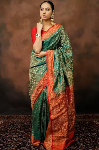 Rama green satin woven saree with blouse
