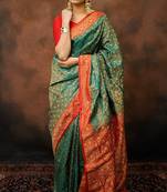 Rama green satin woven saree with blouse