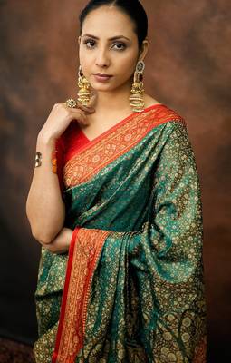 Rama green satin woven saree with blouse 2