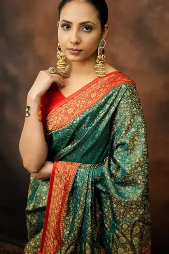 Rama green satin woven saree with blouse