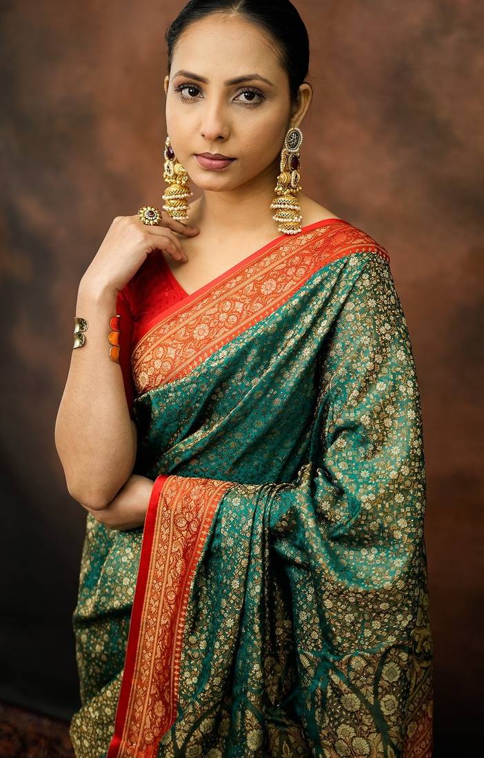 Rama green satin woven saree with blouse
