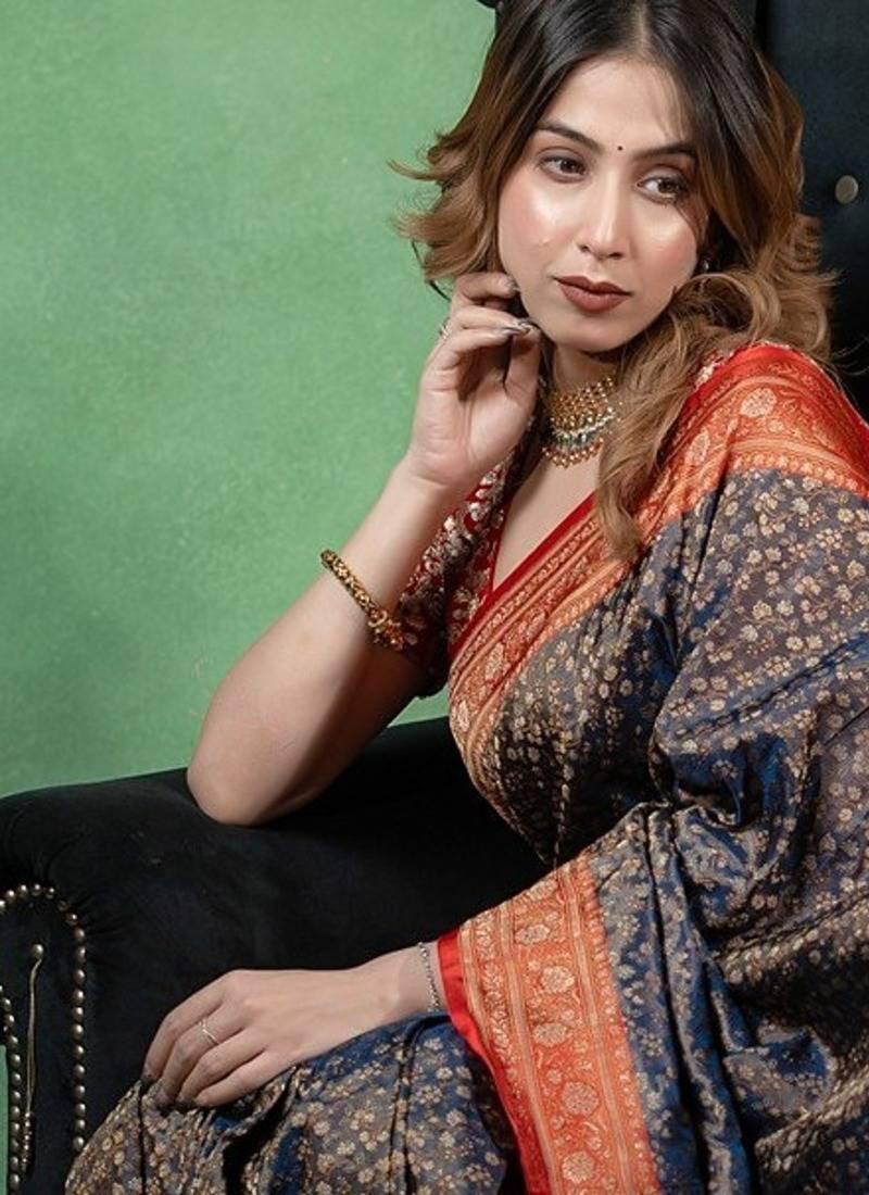 Navy-blue satin woven saree with blouse