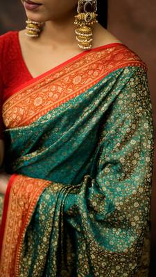 Rama green satin woven saree with blouse 3