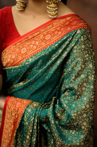 Rama green satin woven saree with blouse