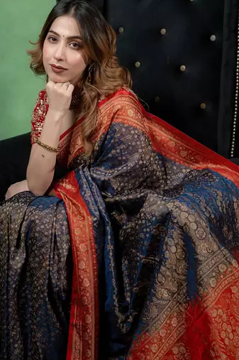 Navy-blue satin woven saree with blouse