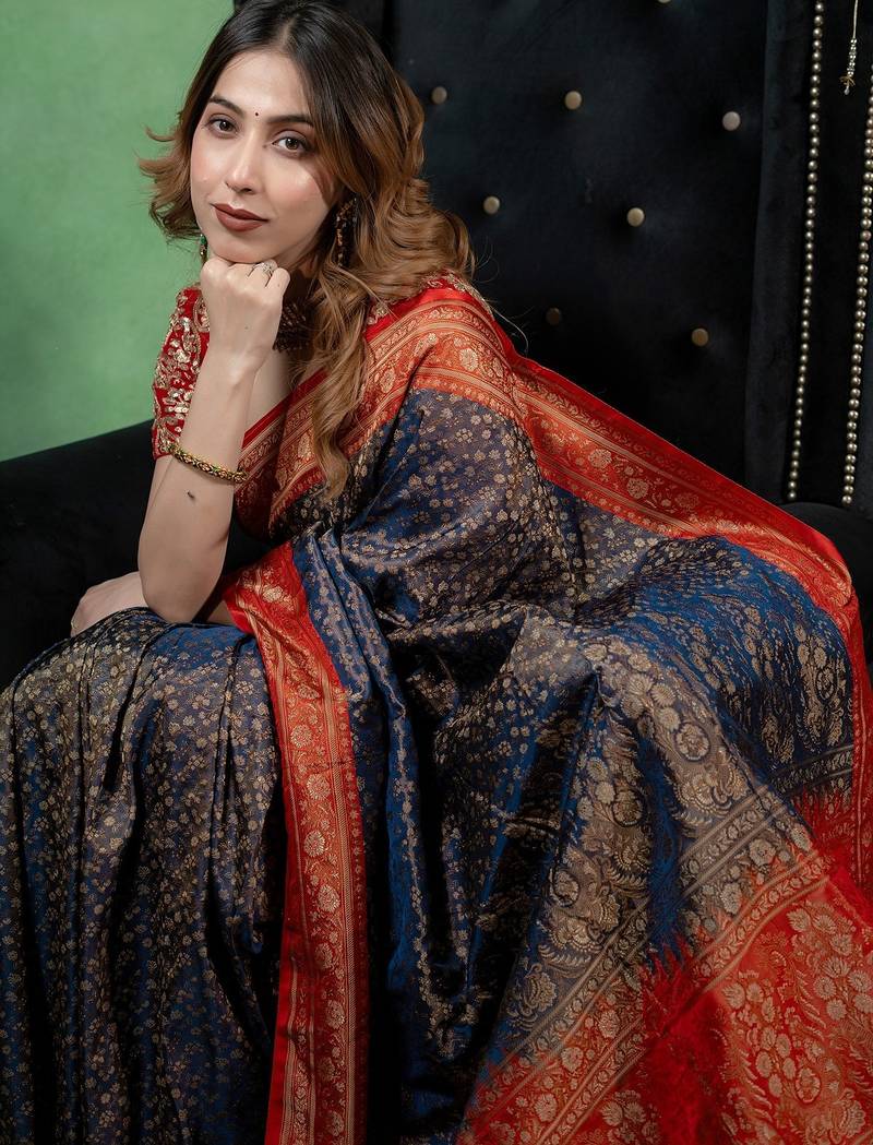 Navy-blue satin woven saree with blouse