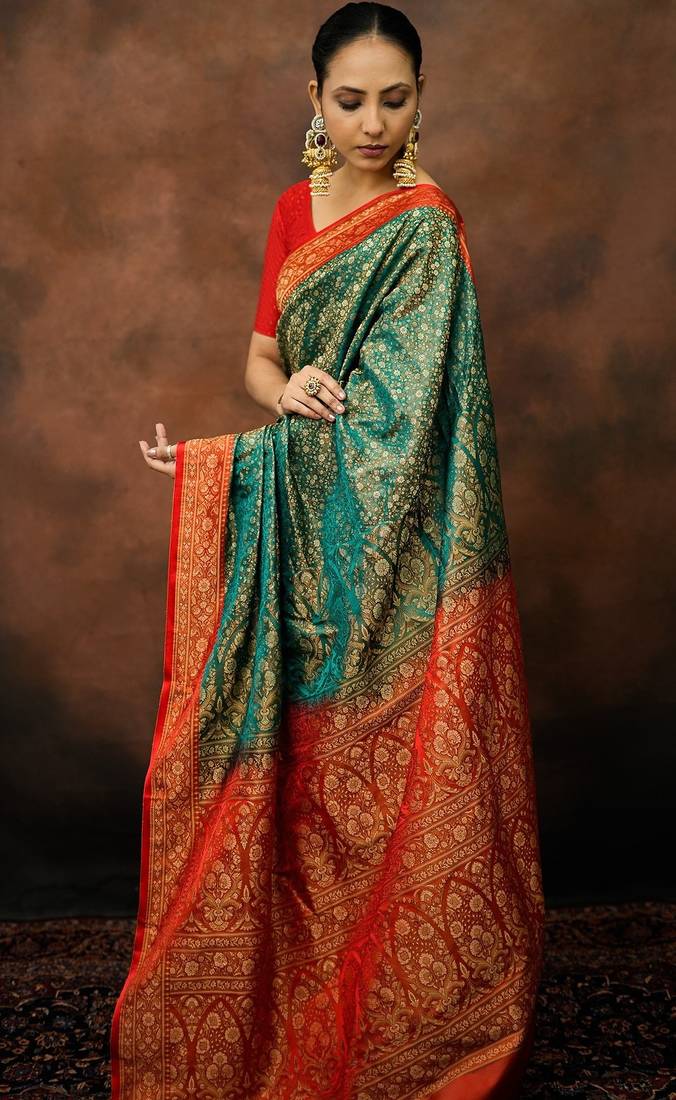 Rama green satin woven saree with blouse