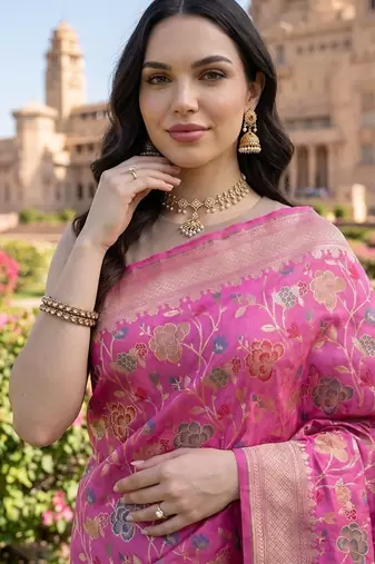 Pink katan silk woven saree with blouse