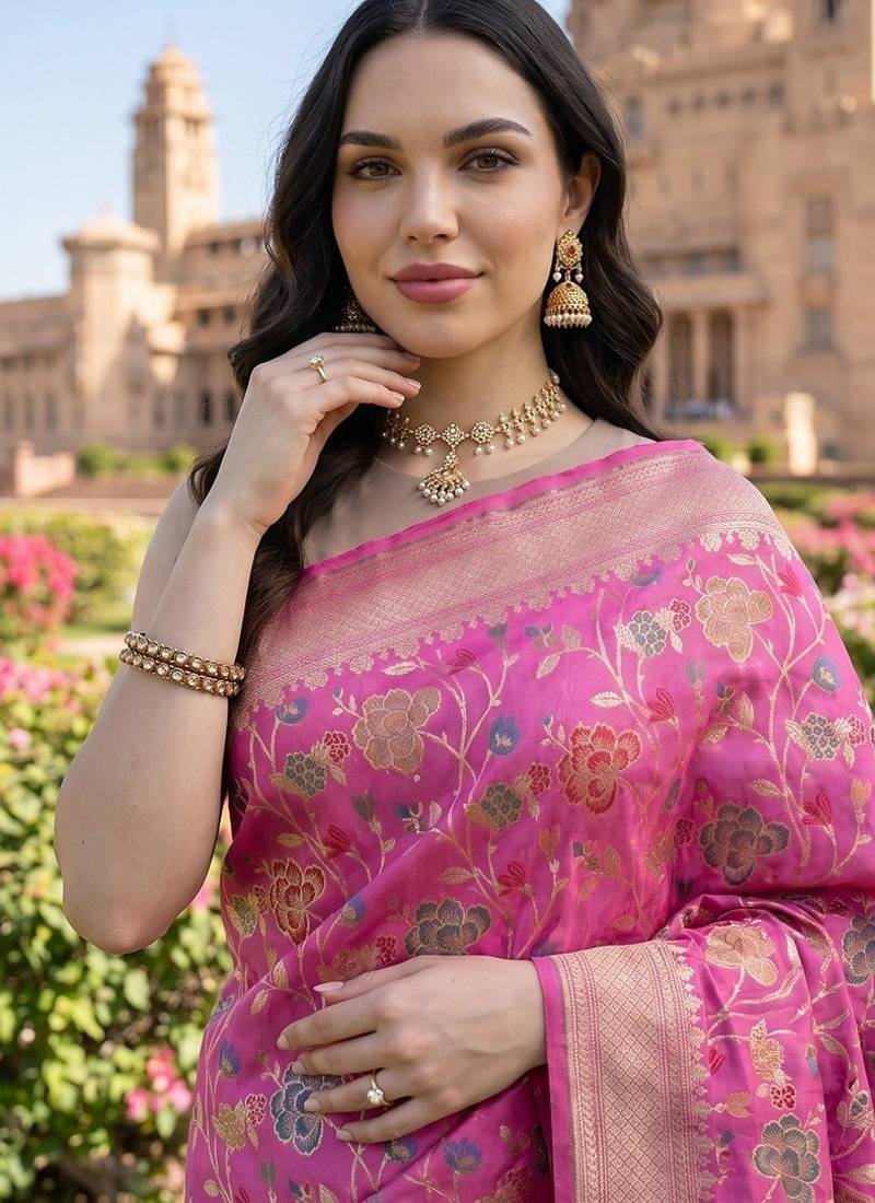 Pink katan silk woven saree with blouse