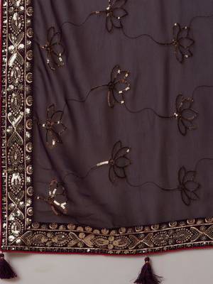 Burgundy sequinned embellished saree with blouse piece & designer belt 5