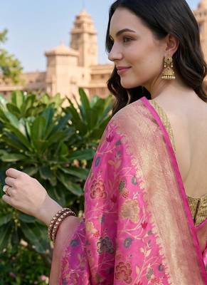 Pink katan silk woven saree with blouse 4