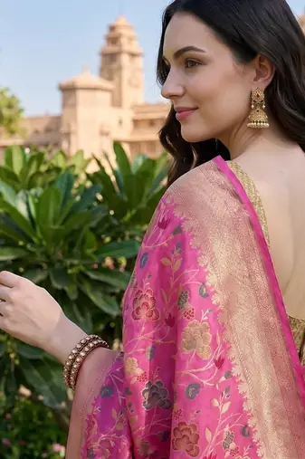 Pink katan silk woven saree with blouse
